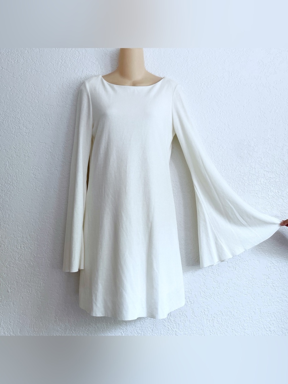 Zara Cut Out Draped White Long-Sleeve Swing Mini Dress Flared Sleeves Medium